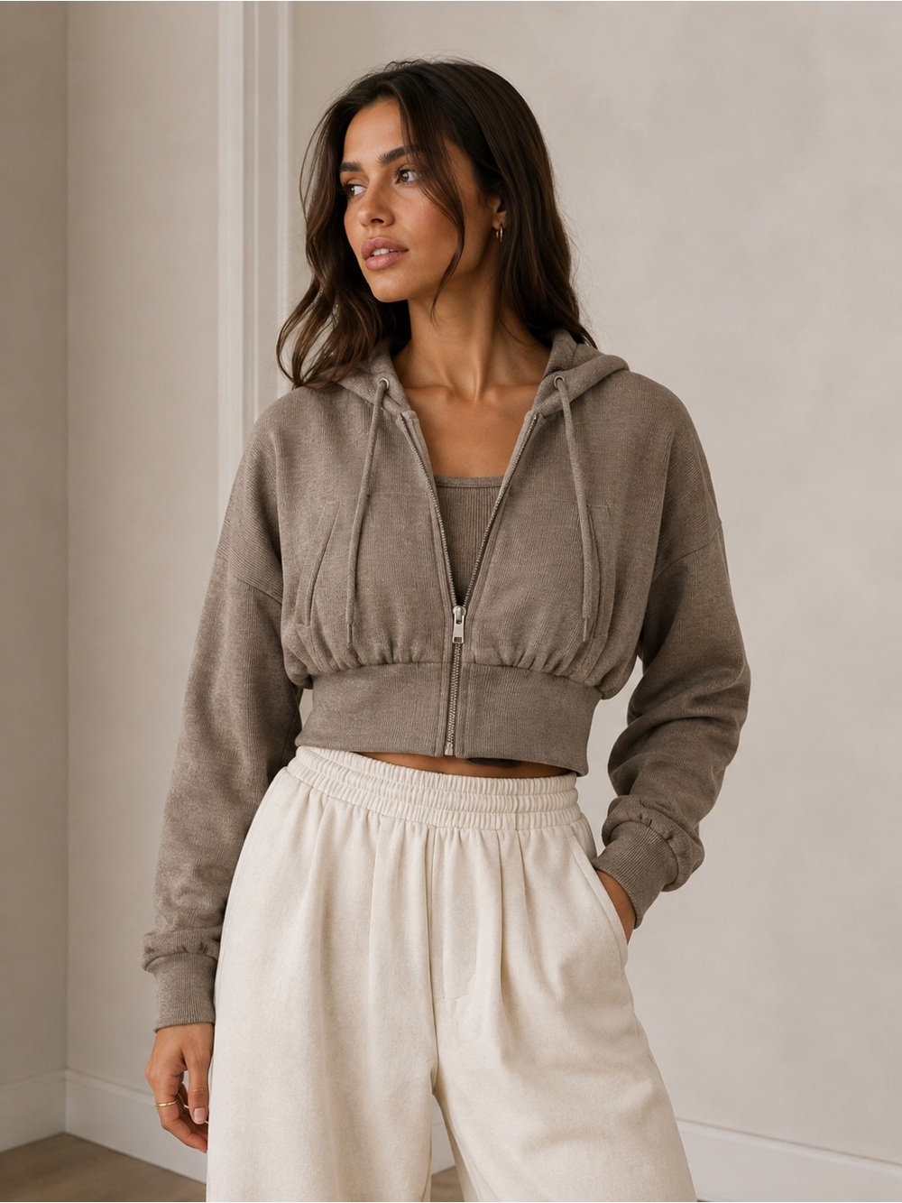 101- ZARA  Mocha Cropped Zip Hoodie XS